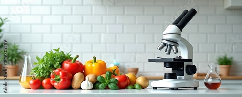 Microscope next to fresh vegetables, laboratory equipment. Science and nutrition research on food safety, quality. Organic produce analysis in lab. Healthy ingredients study.