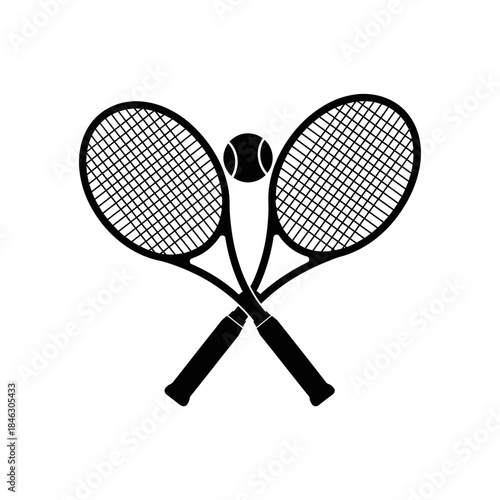 Tennis rackets crossed with a tennis ball in the center.