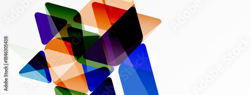 Abstract geometric shapes overlap, creating vibrant color blends. Composition features transparency, depth, modern design elements.