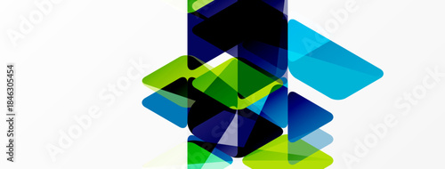 Abstract geometric shapes overlap, creating vibrant color blends. Composition features blues, greens, darks, whites. Modern design.