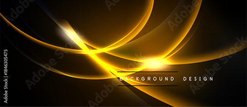 Abstract golden lines radiate from bright center. Dark background emphasizes flowing curves, creating dynamic visual effect. Modern design element.