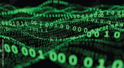 Digital Binary Code Stream Flowing in an Abstract Wave Pattern, Representing Data Security and Technology