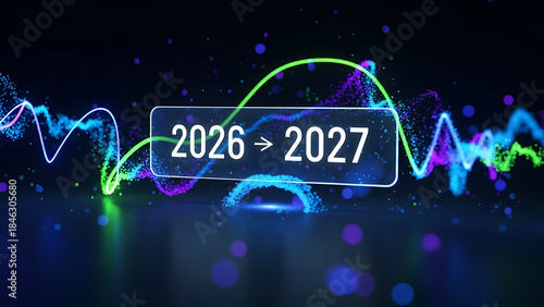 Futuristic Digital Data Visualization Showing Transition from Year 2026 to 2027