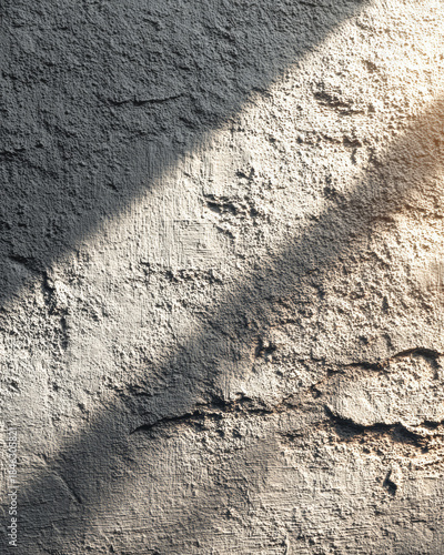 Light and shadow create patterns on a rough wall surface during the afternoon