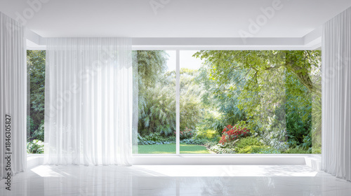 Bright room with large window overlooking green garden with trees and flowers during daytime