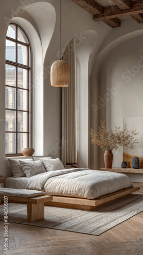 Bright room with window, bed, and plants in a modern space during daytime