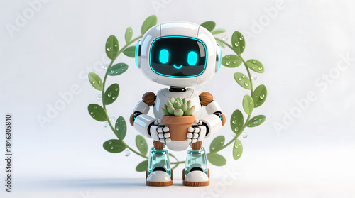 Fototapeta Naklejka Na Ścianę i Meble -  Cute AI robot mascot with wood accents holding a small succulent plant, symbolizing green technology.