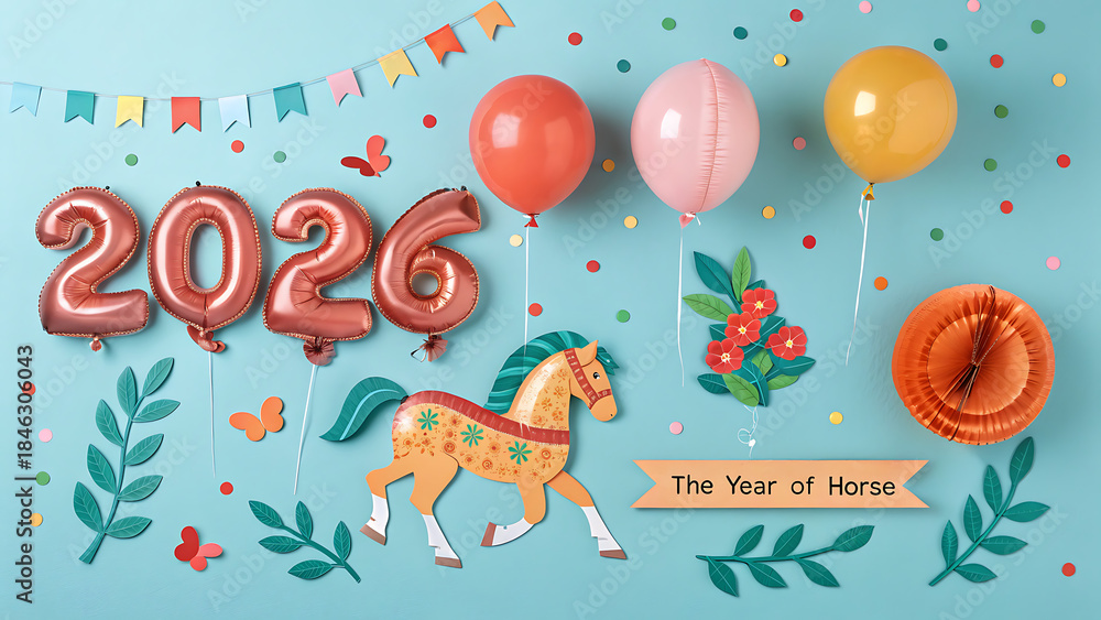 Fototapeta premium Happy new year 2026 celebration with horse zodiac balloons and decorations