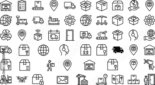 Logistics delivery line icons set shipping warehouse transportation supply chain packaging tracking global distribution outline vector symbols