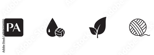 Textile Properties Icons Set: PA Fiber, Water Resistance, Eco-Friendly, and Yarn