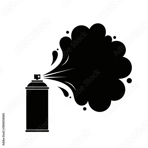 Silhouette of a spray paint can releasing a large cloud of ink or paint in black and white