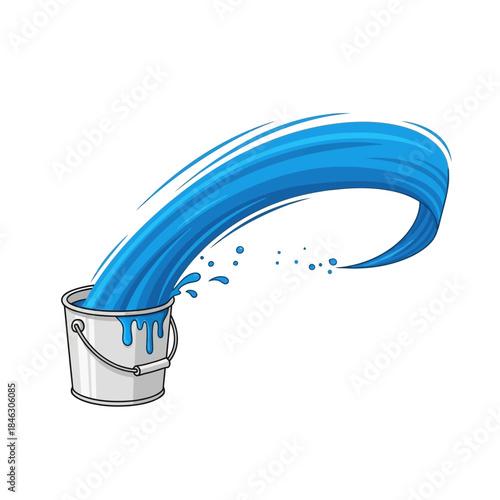Dynamic splash of bright blue paint pouring from a metal bucket creating artistic motion effect