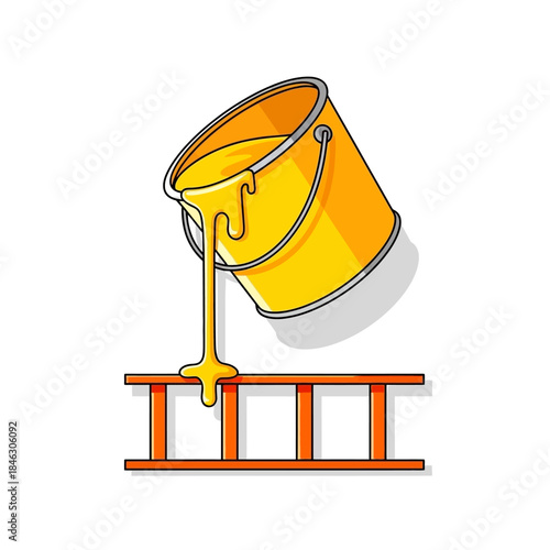 illustration of a yellow paint bucket pouring paint onto a scaffolding structure for repair or