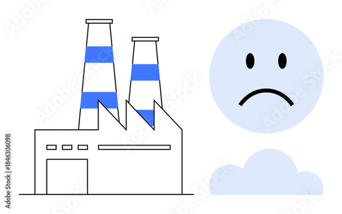 Air pollution concept. Depiction of a factory emitting harmful substances and a sad face in response to environmental damage. Air pollution highlights climate change and ecological concerns. Useful