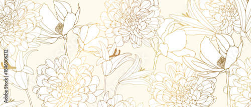 Luxury wallpaper with gold floral pattern. Orchids, lilies and chrysanthemums floral design for greeting cards, invitations, letters, wallpaper or covers.