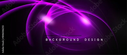 Abstract purple light curves radiate from central point. Dark background emphasizes vibrant glow, creating modern design element.