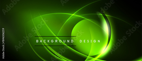 Bright green neon lines form abstract circular shapes over dark background. Text reads background design. Modern, vibrant visual.