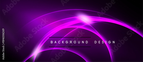 Abstract purple neon curves radiate from central bright point. Dark background creates dramatic visual effect. Modern design element.