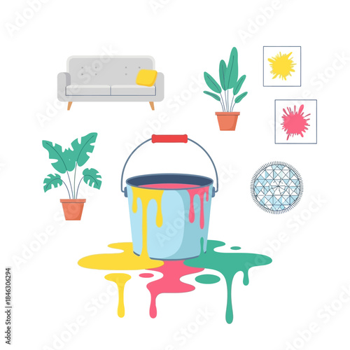 Colorful Paint Spilling from a Bucket with Modern Home Decor Elements and Art Prints