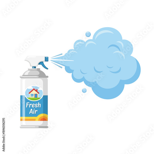 A can of air freshener releasing a cloud of pleasant scent into the air cleaning environment