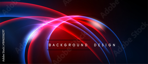Abstract neon lines create dynamic curves. Red, blue glows contrast dark background. Modern design element for digital projects.