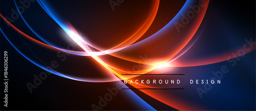 Abstract flowing lines, vibrant colors, dynamic composition. Red, blue, orange hues create energetic visual impact. Modern design element.