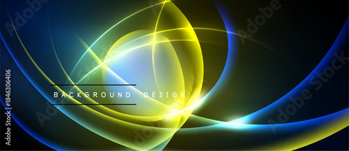 Abstract flowing lines, vibrant colors, dynamic composition. Yellow, blue, green hues create modern background design. Smooth gradients present energy.