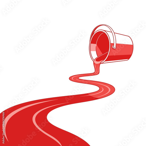 Red paint spilling from a tilted bucket creating a flowing abstract pattern on a white background