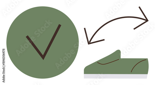 Green circle with check mark beside shoe and curved arrows indicating flexibility or movement. Ideal for approval, footwear care, mobility, adaptability, choice, motion, branding concepts. Simple