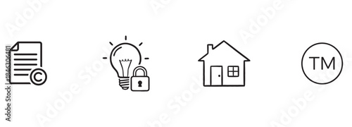 IP Protection Line Icons Set: Copyright, Patent Idea Security, Real Estate, Trademark