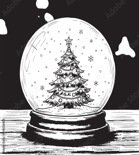Golden Christmas tree decorated with a 3d glass snow globe and a festive ball ornament for a winter holiday celebration gift card.