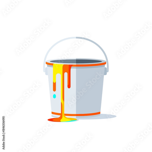 Colorful paint bucket spilling vibrant paint with drips and splashes for creative design