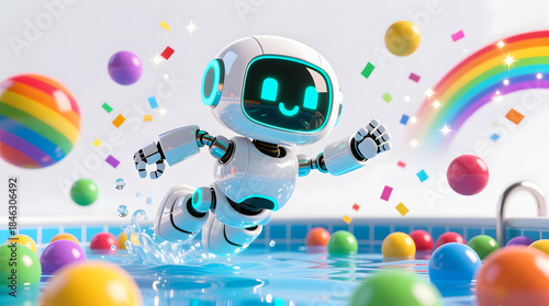 AI Splashdown! An energetic white AI robot jumps playfully into a pool filled with colorful plastic balls, symbolizing fun and excitement.