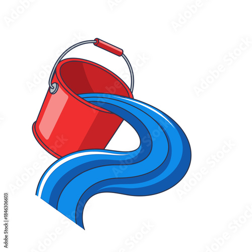 Illustration of a red bucket pouring out water symbolizing liquid flow or spill
