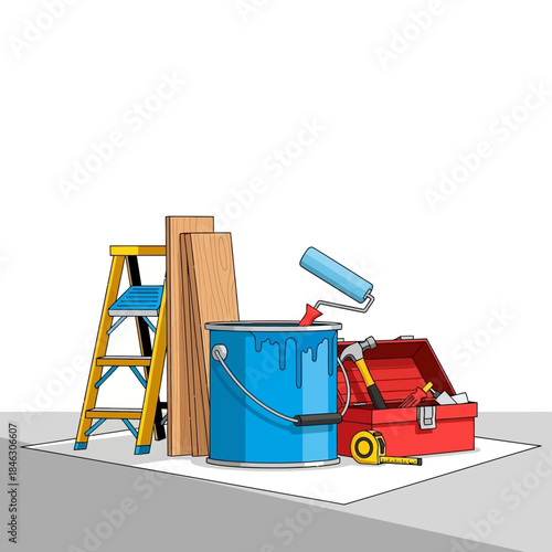DIY Home Improvement Tools and Supplies Arrangement with Ladder Paint and Toolbox