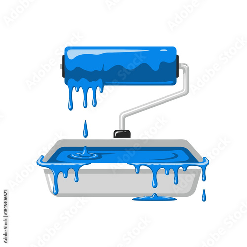 illustration of an open paint roller applying blue paint to a surface with paint dripping down