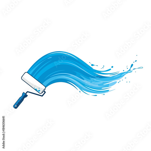illustration of a paint roller creating a sweeping blue wave of paint across the canvas
