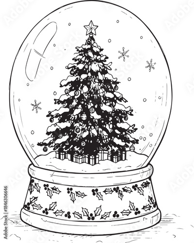 Golden Christmas tree decorated with a 3d glass snow globe and a festive ball ornament for a winter holiday celebration gift card.
