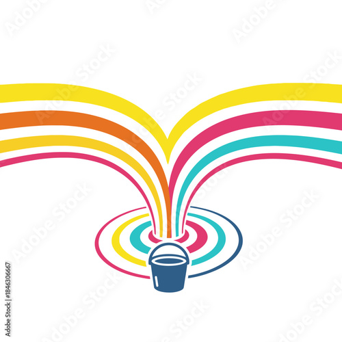 Colorful rainbow water streams flowing from bucket creating vibrant arcs