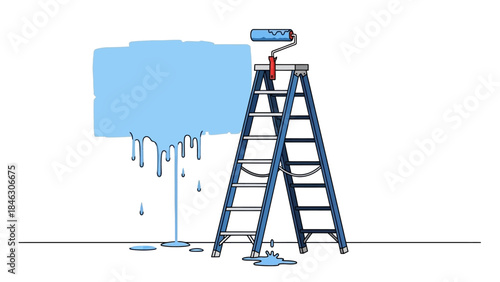 Illustration of a painting process using a roller and ladder for wall art creation