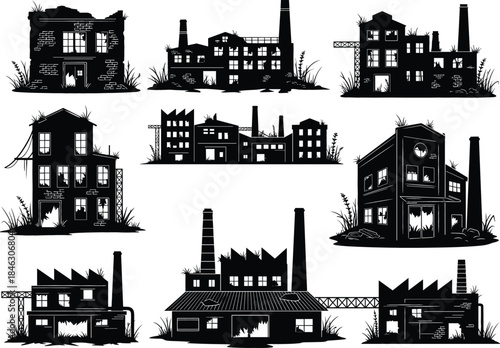 A collection of abandoned and ruined black silhouette buildings, including factories and houses, symbolizing urban decay, economic failure, and derelict property crisis.