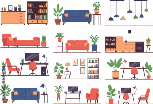 A collection of illustrations showing modern interior furniture, including sofas, bookshelves, cabinets, and ergonomic home office desks and chairs.