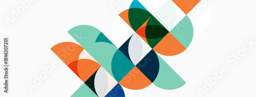 Abstract geometric shapes overlap, creating dynamic composition. Teal, orange, navy, white dominate design. Modern aesthetic.