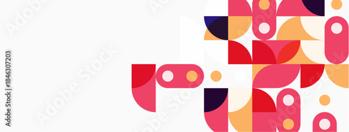 Abstract geometric shapes, vibrant colors, modern design. Composition features overlapping forms, creating dynamic visual interest.
