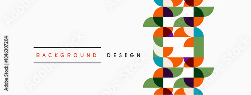 Abstract geometric pattern. Colorful overlapping shapes create modern design element. Minimalist style with text labels present.