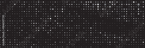 Seamless background pattern of evenly spaced white forget-me-not flowers of different sizes and opacity. Illustration on black background with stars