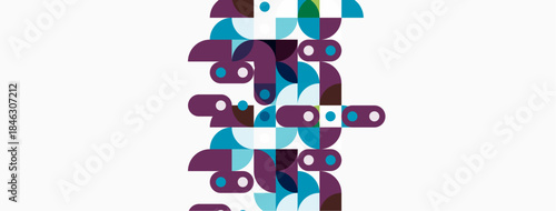 Abstract geometric shapes, purple, teal, brown. Minimalist design, clean lines, modern aesthetic. Composition features overlapping forms.