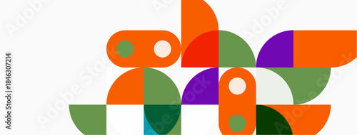 Abstract geometric shapes overlap. Orange, purple, green hues dominate composition. Minimalist design, modern aesthetic. Clean lines, flat colors present.
