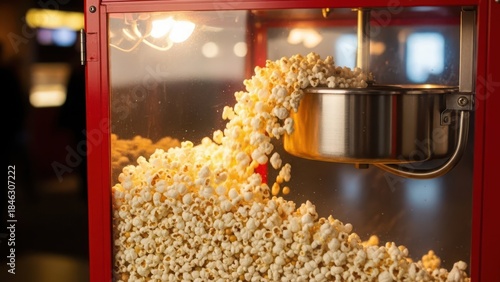 A fresh batch of hot popcorn overflowing from a red popcorn machine at a movie theater or concession stand