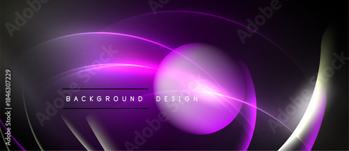 Abstract purple neon lines form dynamic curves. Dark background enhances glowing effect. Text reads background design. Modern, sleek visual.